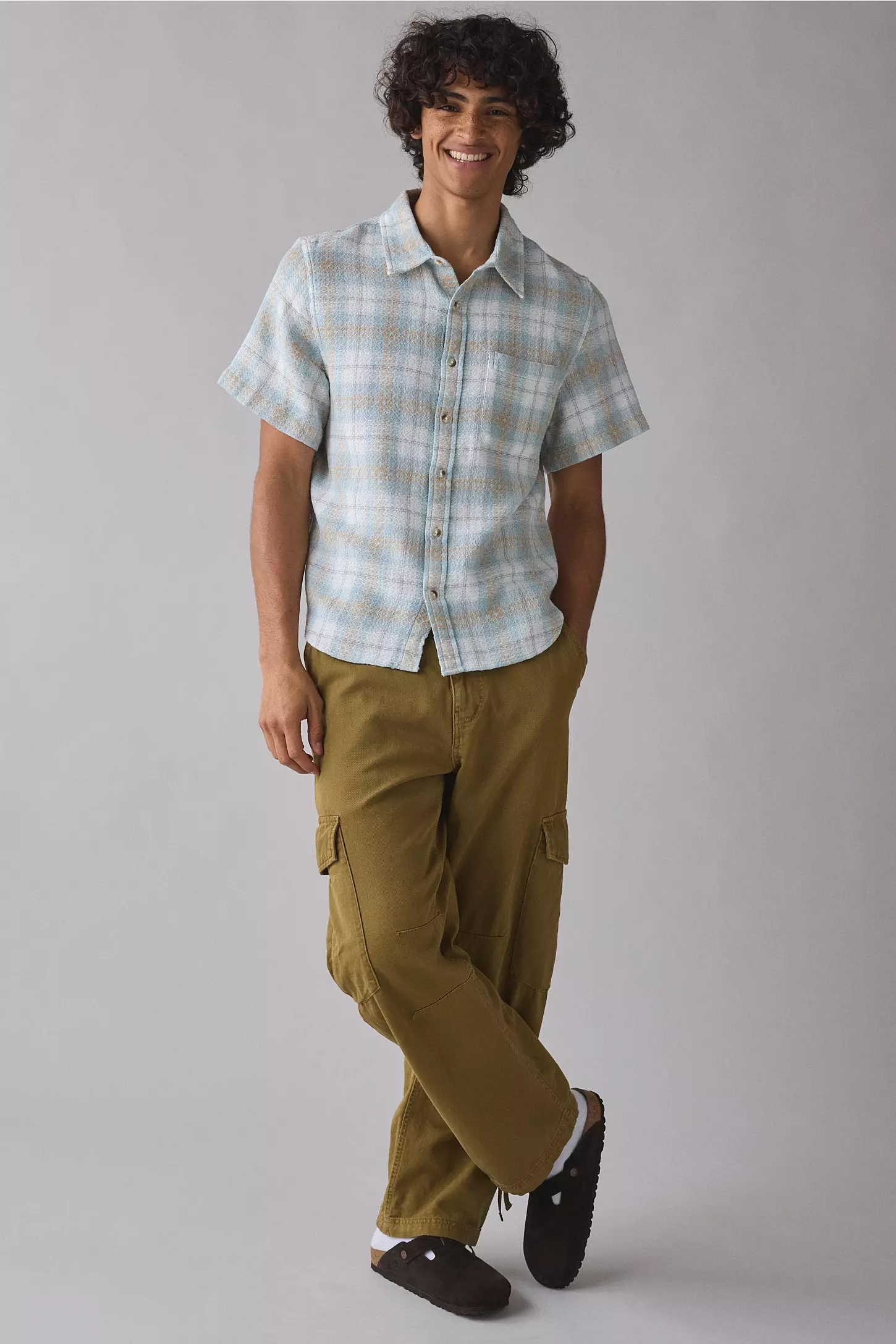 Personalized  Men’s Blue Plaid Short Sleeve Button-Up Shirt – Casual Vintage Check Shirt