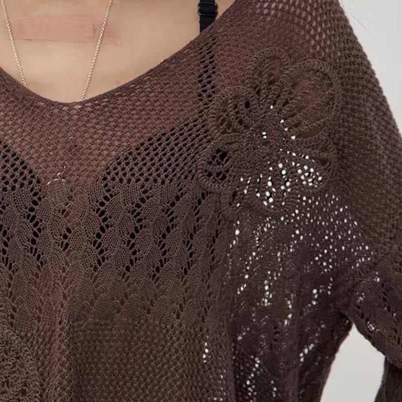 Factory Direct Women’s Sheer Crochet Knit V-Neck Long Sleeve Sweater