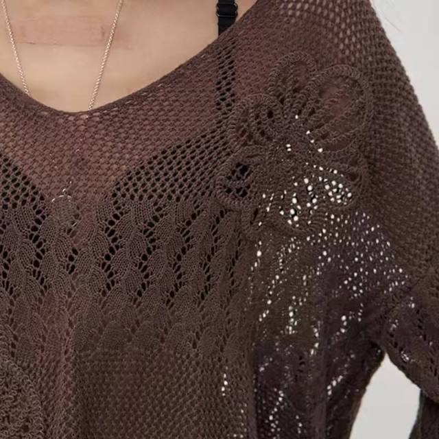 Factory Direct Women’s Sheer Crochet Knit V-Neck Long Sleeve Sweater