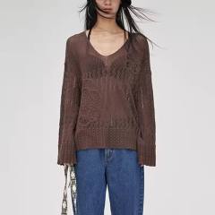 Factory Direct Women’s Sheer Crochet Knit V-Neck Long Sleeve Sweater