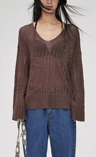 Factory Direct Women’s Sheer Crochet Knit V-Neck Long Sleeve Sweater