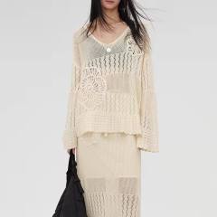 Factory Direct Women’s Sheer Crochet Knit V-Neck Long Sleeve Sweater