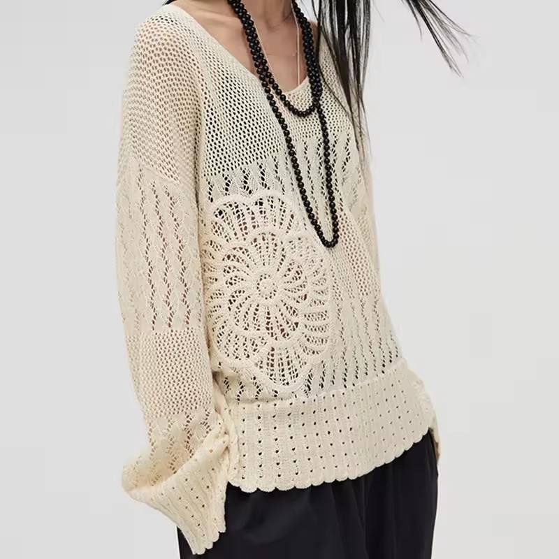Factory Direct Women’s Sheer Crochet Knit V-Neck Long Sleeve Sweater
