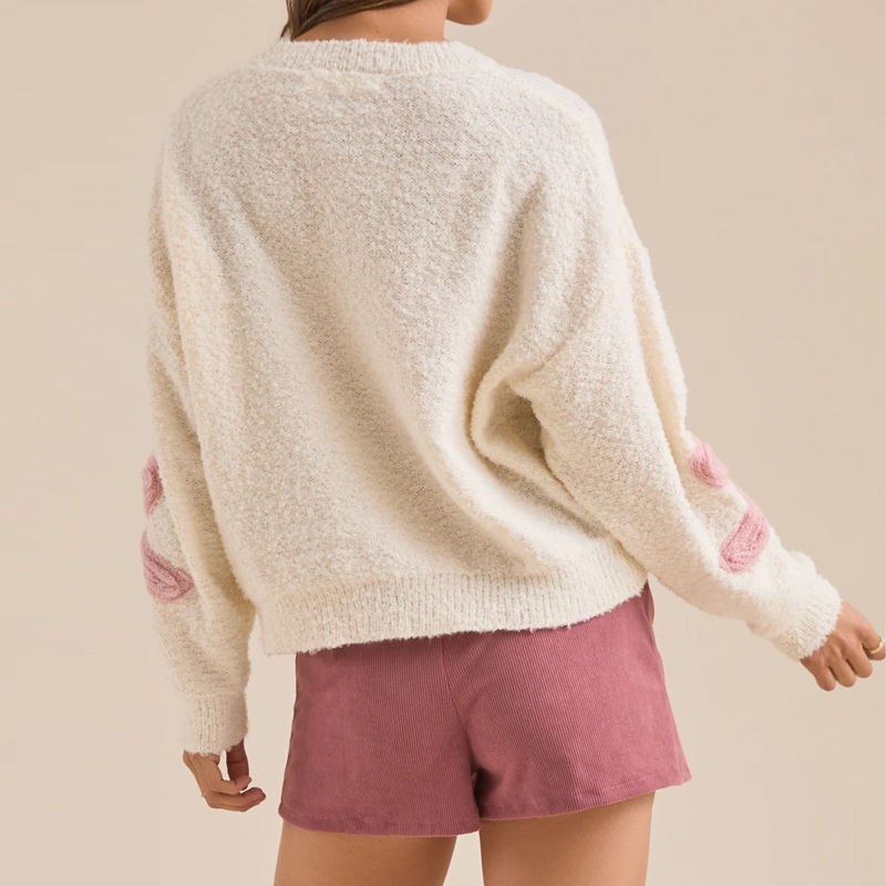 OEM ODM Women’s Cream Knit Sweater with Pink Bow Appliqué – Soft Cozy Casual Pullover