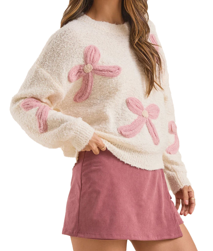 OEM ODM Women’s Cream Knit Sweater with Pink Bow Appliqué – Soft Cozy Casual Pullover
