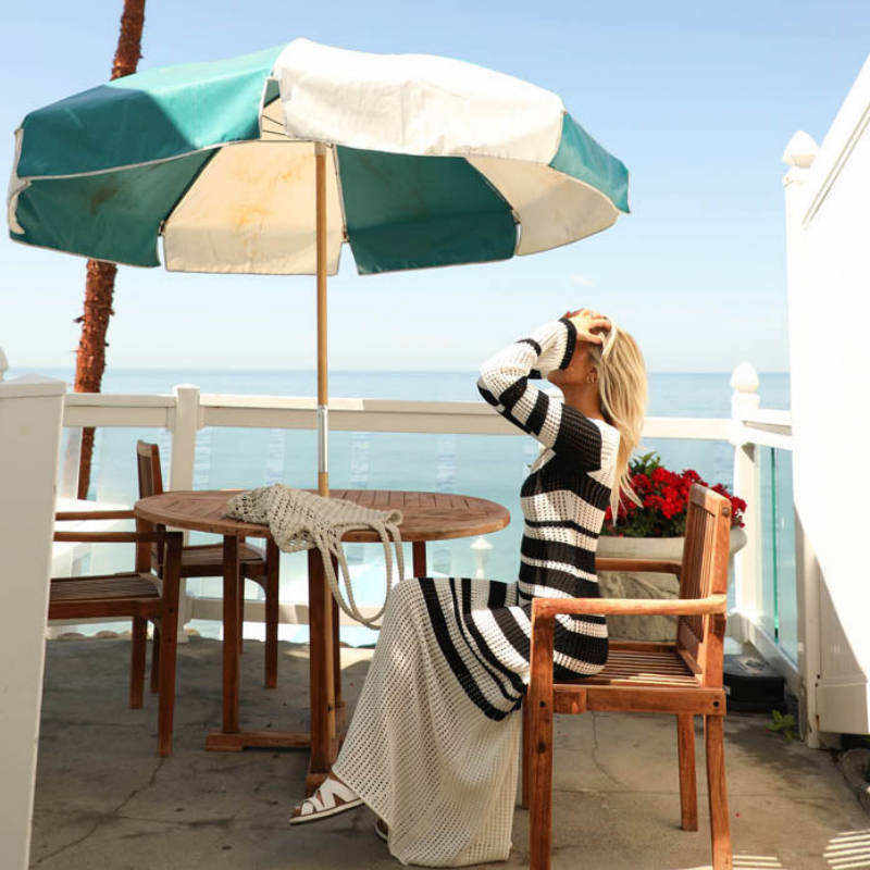 Wholesale Women’s Black and White Striped Crochet Maxi Dress – Long Sleeve Knit Beach Dress