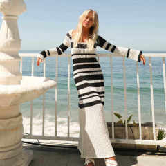Wholesale Women’s Black and White Striped Crochet Maxi Dress – Long Sleeve Knit Beach Dress
