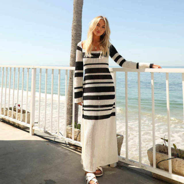 Wholesale Women’s Black and White Striped Crochet Maxi Dress – Long Sleeve Knit Beach Dress