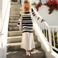 Wholesale Women’s Black and White Striped Crochet Maxi Dress – Long Sleeve Knit Beach Dress