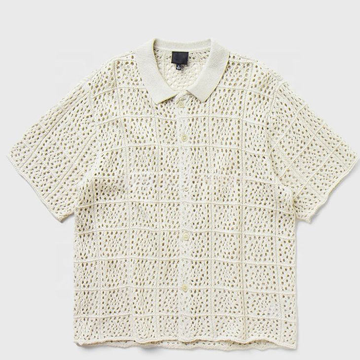 Personalized  Cream Openwork Crochet Button-Up Polo Shirt – Short Sleeve Knit Resort Top