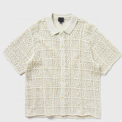 Personalized  Cream Openwork Crochet Button-Up Polo Shirt – Short Sleeve Knit Resort Top