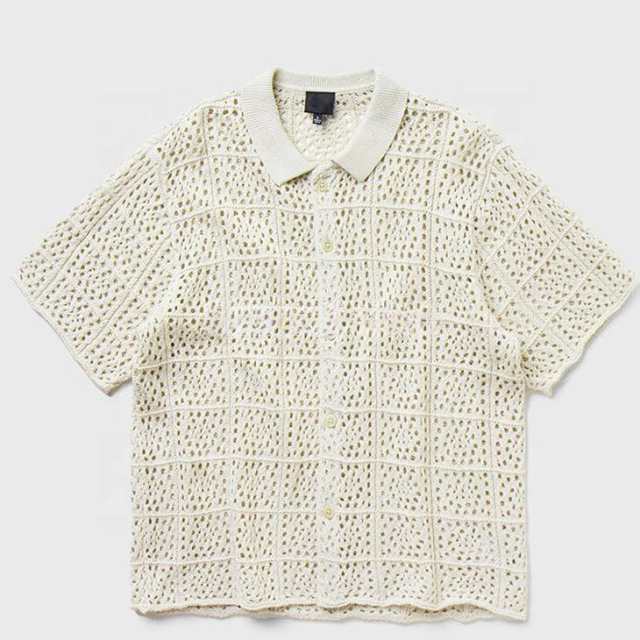 Personalized  Cream Openwork Crochet Button-Up Polo Shirt – Short Sleeve Knit Resort Top