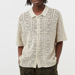 Personalized  Cream Openwork Crochet Button-Up Polo Shirt – Short Sleeve Knit Resort Top