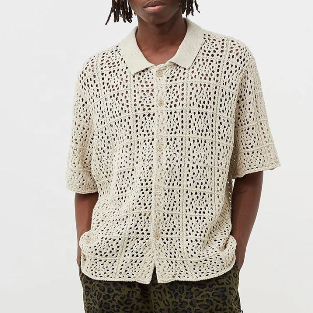 Personalized  Cream Openwork Crochet Button-Up Polo Shirt – Short Sleeve Knit Resort Top