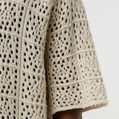 Personalized  Cream Openwork Crochet Button-Up Polo Shirt – Short Sleeve Knit Resort Top