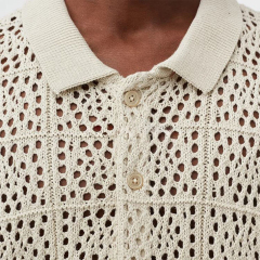 Personalized  Cream Openwork Crochet Button-Up Polo Shirt – Short Sleeve Knit Resort Top