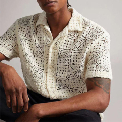 Personalized  Cream Openwork Crochet Button-Up Polo Shirt – Short Sleeve Knit Resort Top