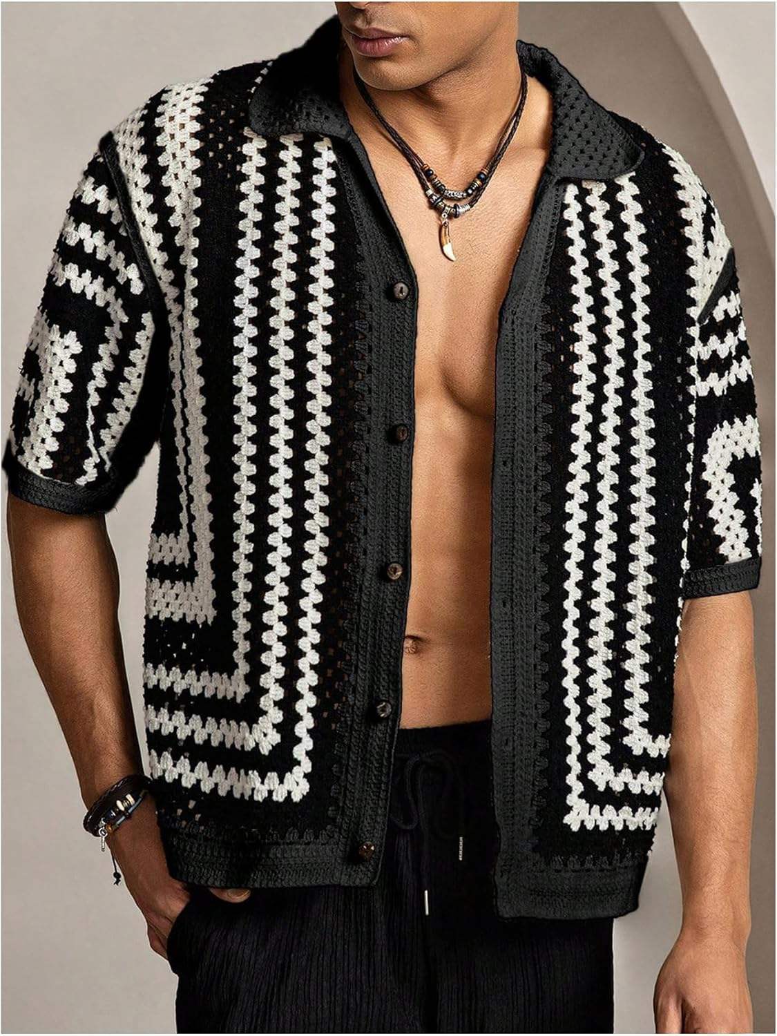 Made-to-order Black & White Crochet Knit Button-Up Shirt – Short Sleeve Openwork Resort Cardigan
