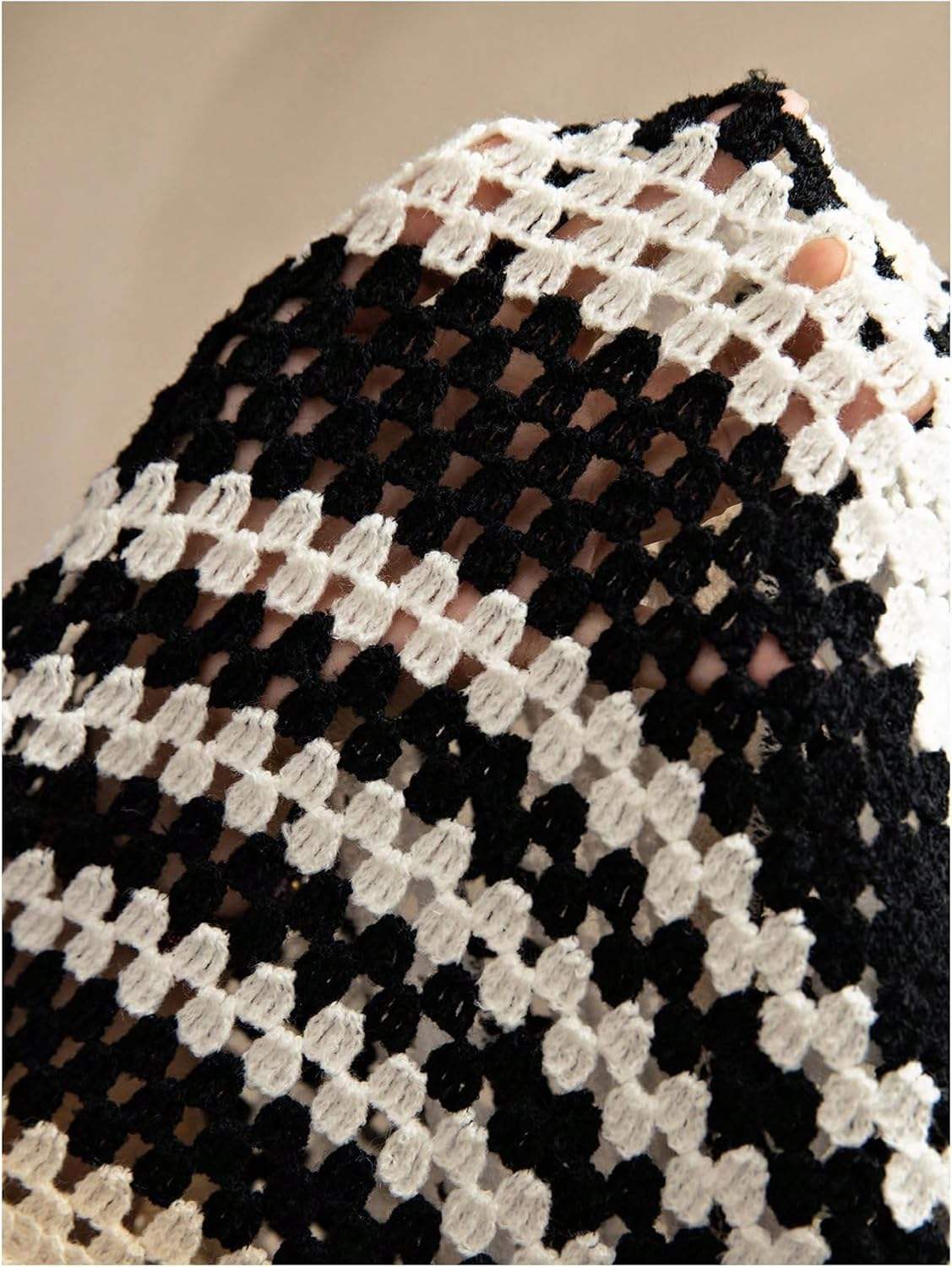 Made-to-order Black & White Crochet Knit Button-Up Shirt – Short Sleeve Openwork Resort Cardigan