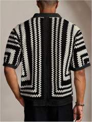 Made-to-order Black & White Crochet Knit Button-Up Shirt – Short Sleeve Openwork Resort Cardigan