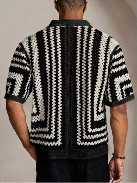 Made-to-order Black & White Crochet Knit Button-Up Shirt – Short Sleeve Openwork Resort Cardigan
