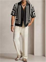 Made-to-order Black & White Crochet Knit Button-Up Shirt – Short Sleeve Openwork Resort Cardigan