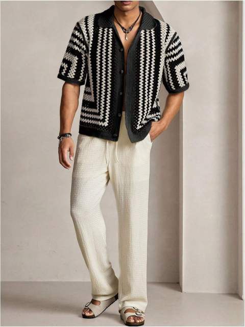 Made-to-order Black & White Crochet Knit Button-Up Shirt – Short Sleeve Openwork Resort Cardigan