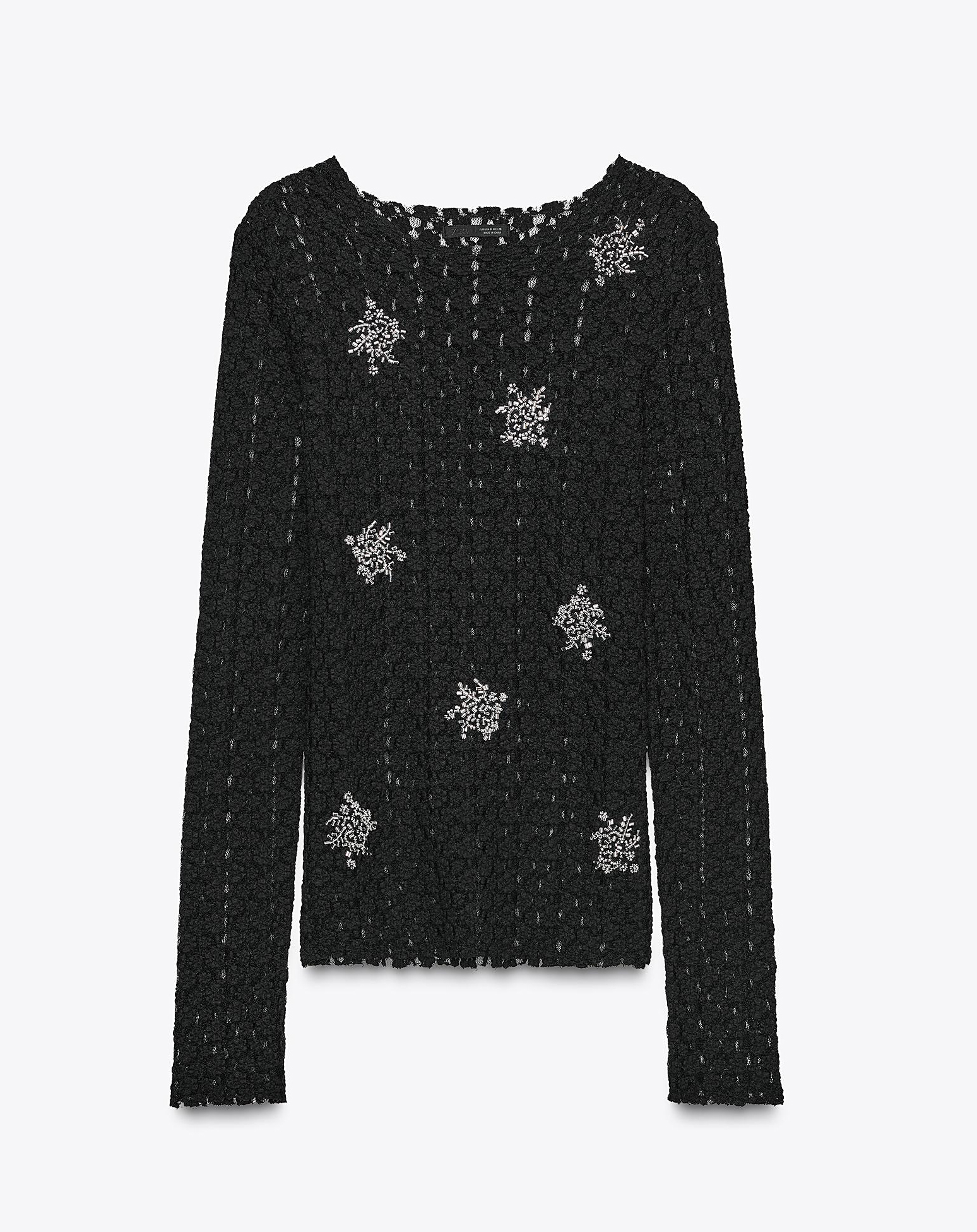 Factory Direct Black Textured Knit Sweater with Silver Floral Embellishments (Round Neck, Long Sleeve)