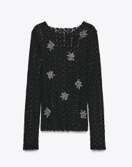 Factory Direct Black Textured Knit Sweater with Silver Floral Embellishments (Round Neck, Long Sleeve)