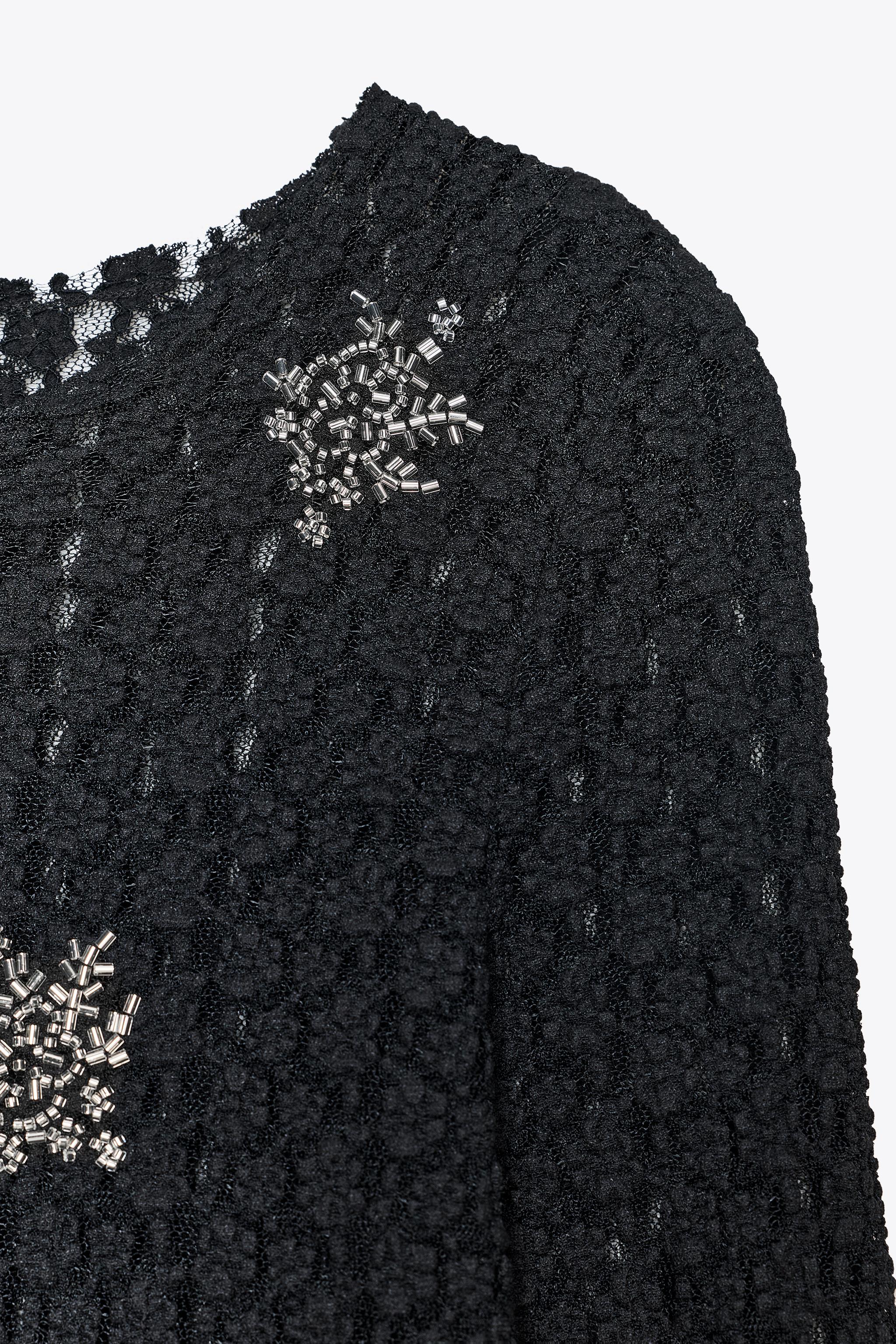 Factory Direct Black Textured Knit Sweater with Silver Floral Embellishments (Round Neck, Long Sleeve)