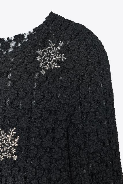 Factory Direct Black Textured Knit Sweater with Silver Floral Embellishments (Round Neck, Long Sleeve)