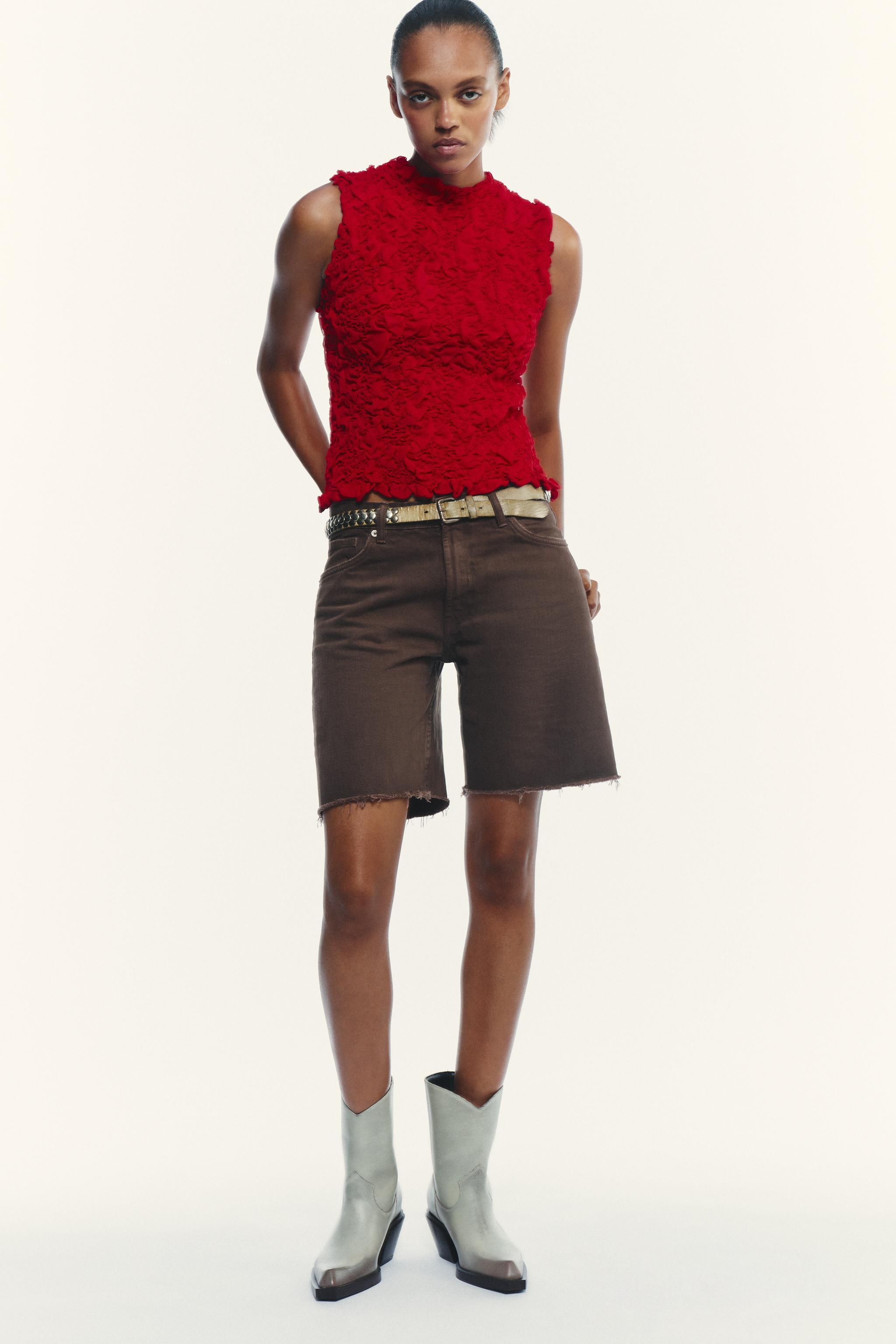 OEM ODM Red Textured Floral Sleeveless Top – High Neck Statement Tank
