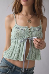 Wholesale Mint Green Cable Knit Lace Cami Top with Pearl Buttons & Ribbon Tie