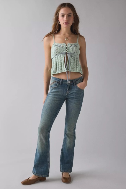 Wholesale Mint Green Cable Knit Lace Cami Top with Pearl Buttons & Ribbon Tie