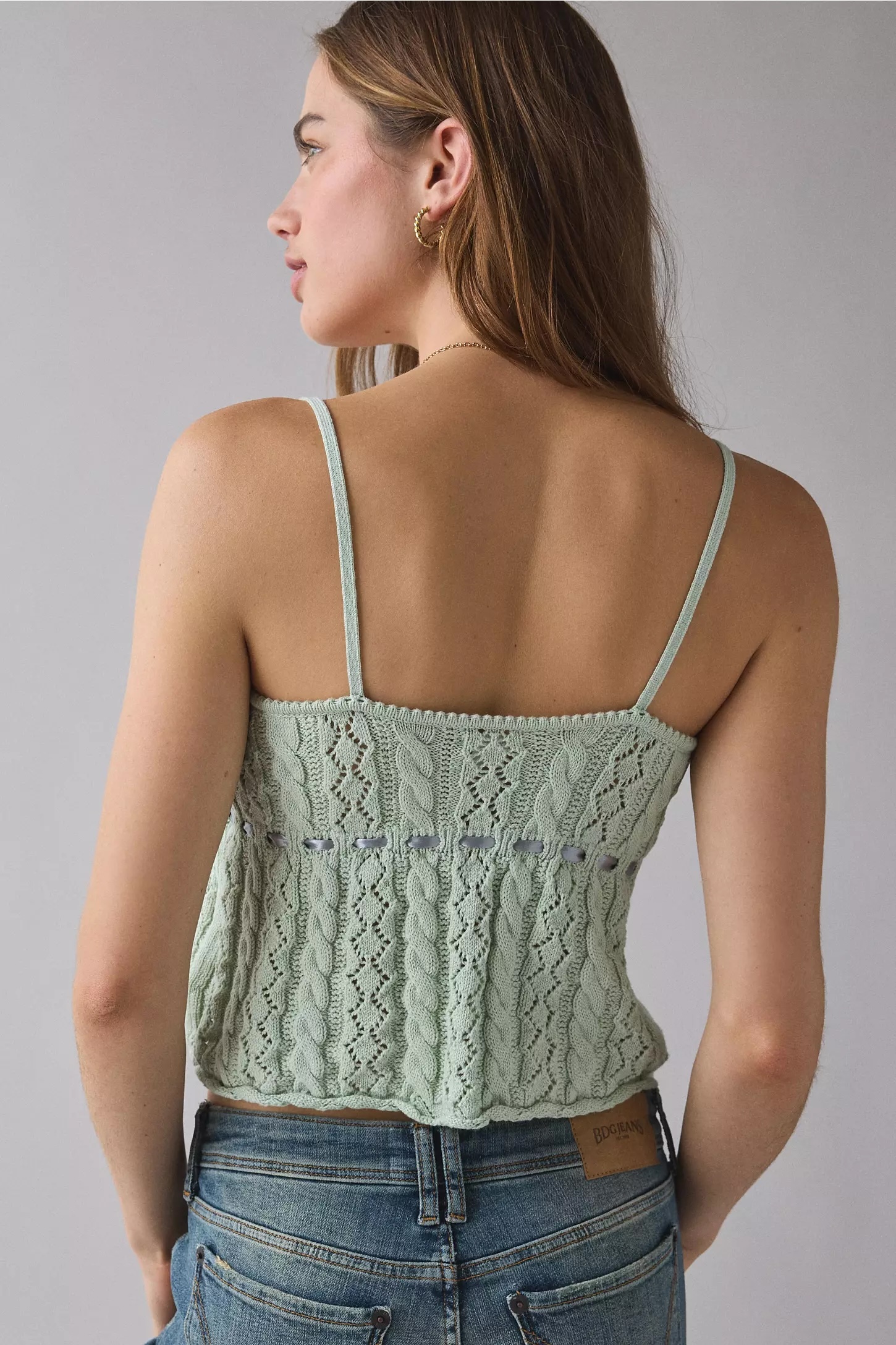 Wholesale Mint Green Cable Knit Lace Cami Top with Pearl Buttons & Ribbon Tie