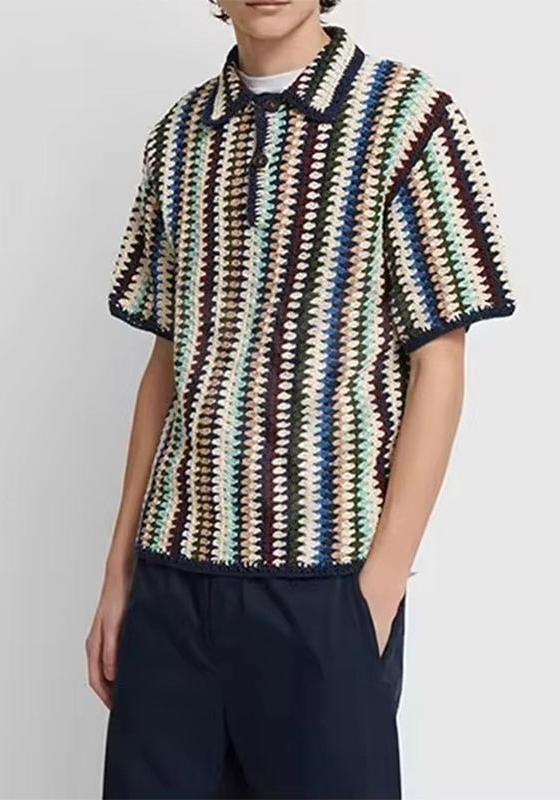 OEM ODM Men’s Vintage Crochet Stripe Short Sleeve Polo Shirt