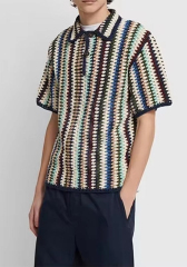 OEM ODM Men’s Vintage Crochet Stripe Short Sleeve Polo Shirt