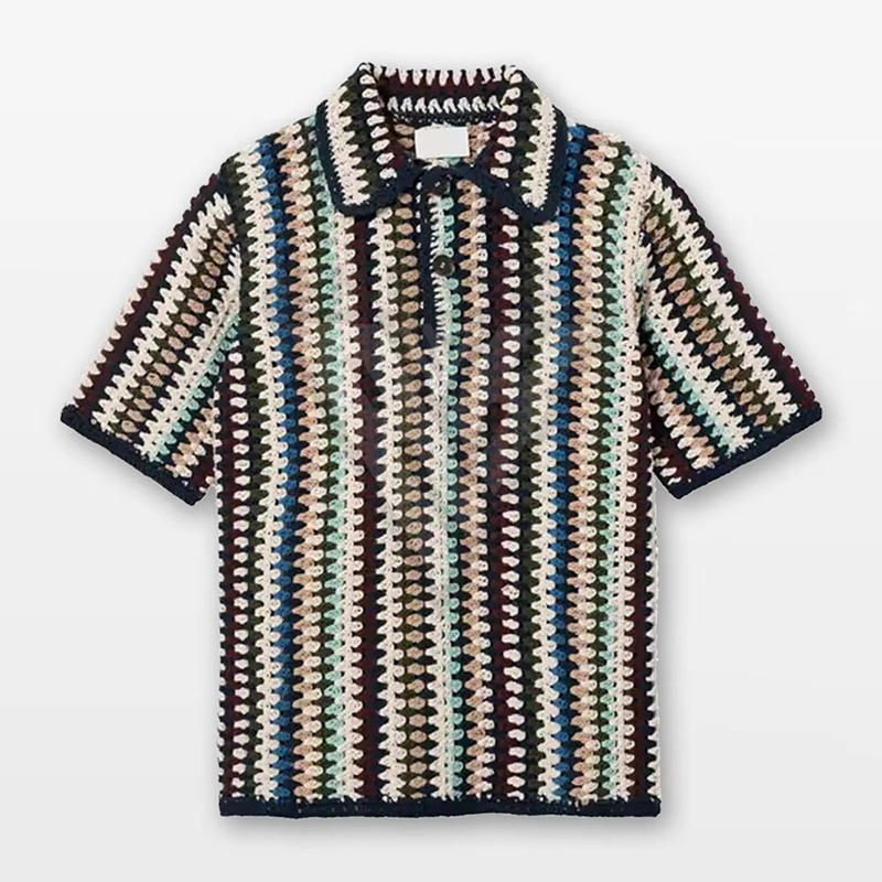 OEM ODM Men’s Vintage Crochet Stripe Short Sleeve Polo Shirt