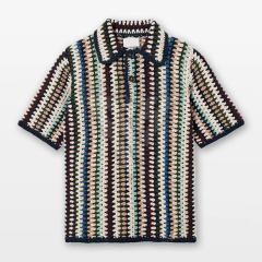 OEM ODM Men’s Vintage Crochet Stripe Short Sleeve Polo Shirt