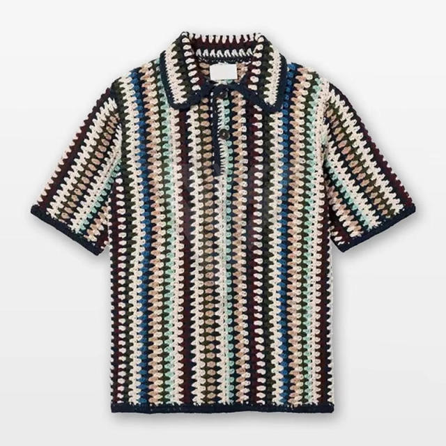 OEM ODM Men’s Vintage Crochet Stripe Short Sleeve Polo Shirt