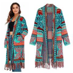 OEM ODM  Women’s Bohemian Geometric Knit Fringe Long Cardigan
