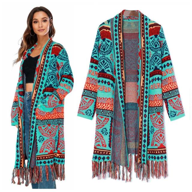 OEM ODM  Women’s Bohemian Geometric Knit Fringe Long Cardigan