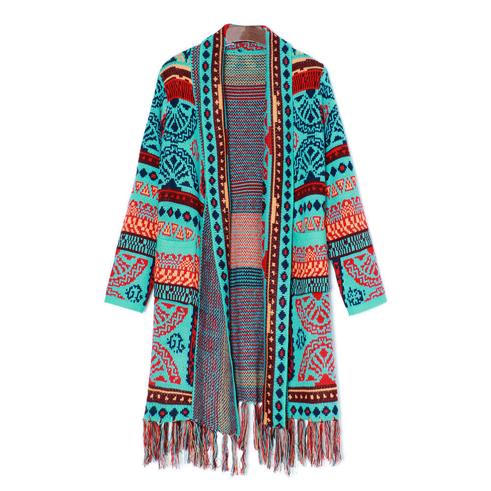 OEM ODM  Women’s Bohemian Geometric Knit Fringe Long Cardigan