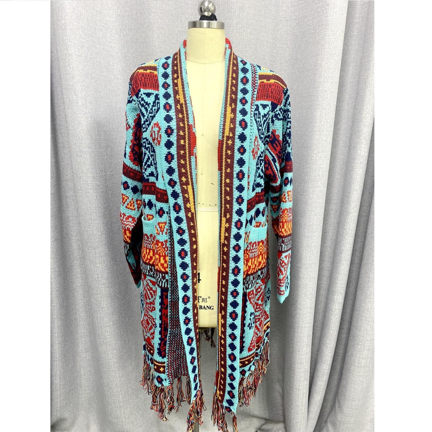 OEM ODM  Women’s Bohemian Geometric Knit Fringe Long Cardigan