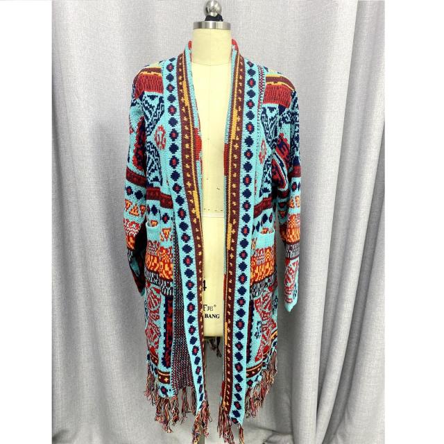 OEM ODM  Women’s Bohemian Geometric Knit Fringe Long Cardigan