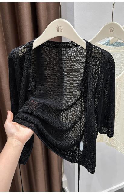 OEM ODM  Women’s Sheer Mesh Tie-Front Cropped Cardigan