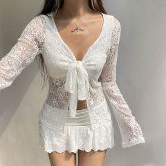 OEM ODM Women’s Sheer Lace Tie-Front Long Sleeve Top