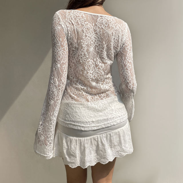 OEM ODM Women’s Sheer Lace Tie-Front Long Sleeve Top