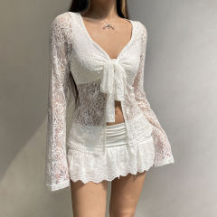 OEM ODM Women’s Sheer Lace Tie-Front Long Sleeve Top
