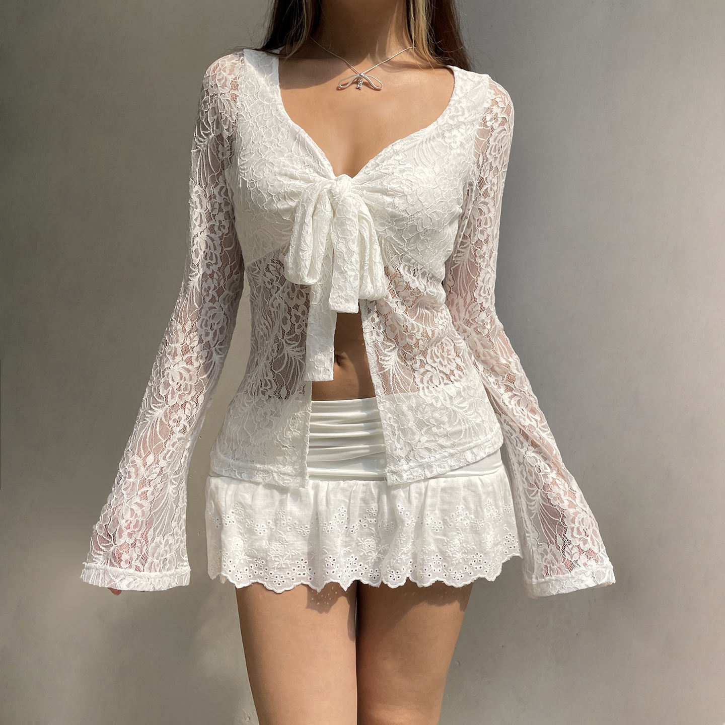 OEM ODM Women’s Sheer Lace Tie-Front Long Sleeve Top